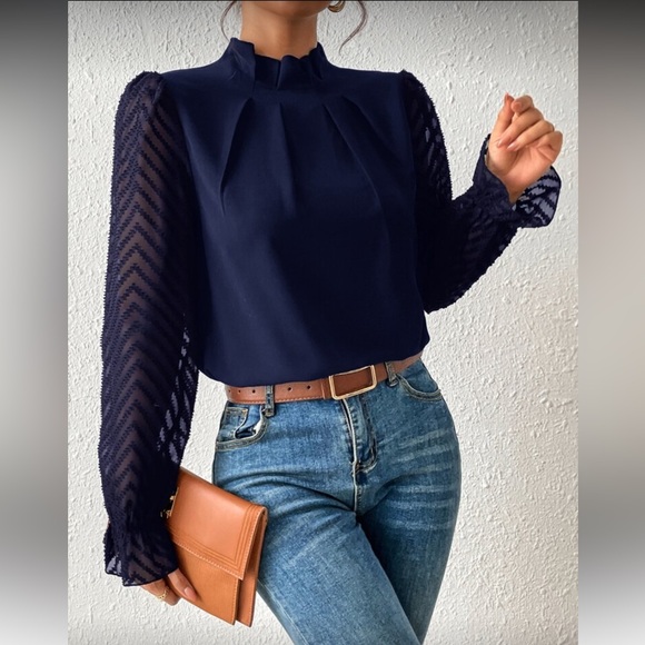 SHEIN Navy Blouse with Sheer Sleeves - Picture 5 of 9